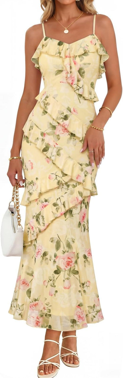 Summer Floral Wedding Guest Maxi Dress Women 2026 Vacation Formal Bodycon Spaghetti Strap Cocktail Party Long Dress