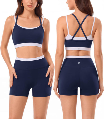 2 Pieces Workout Sets for Women,Seamless Athletic Short with Double Layer Sports Bra,Gym Matching Outfits