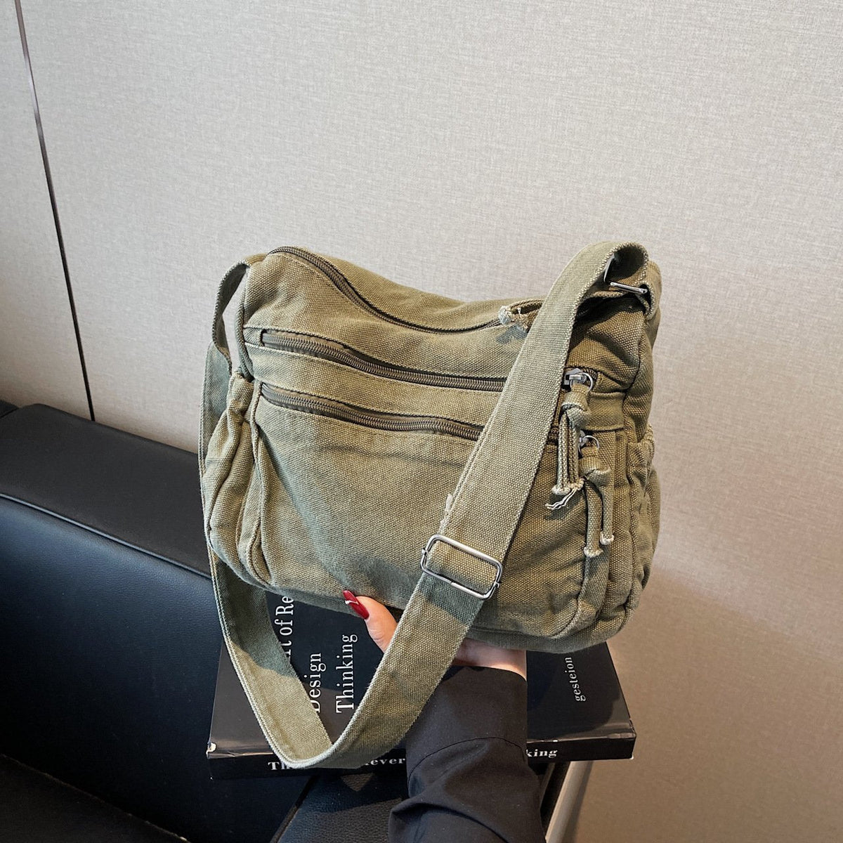 Distressed Canvas Messenger Bag - Multi-Zipper Layered Design