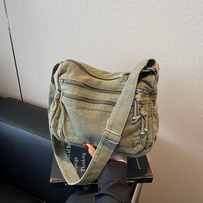 Distressed Canvas Messenger Bag - Multi-Zipper Layered Design