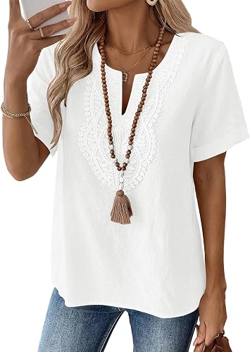 Womens Short Sleeve Tops Cotton Linen Shirts Loose Casual V Neck Lace Blouses Summer Vacation Clothes