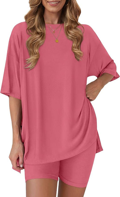 Women's 2 Piece Lounge Sets 2026 Casual Summer Airport Travel Outfits Oversized Shirts Biker Shorts Matching Clothing