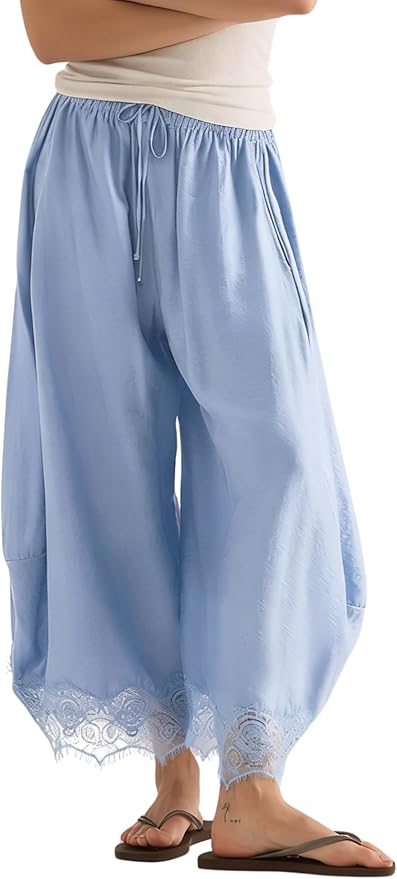 Women's Cropped Lace-Hem Pants High Waisted Drawstring Wide Leg Pants Casual Lightweight Trousers with Pockets
