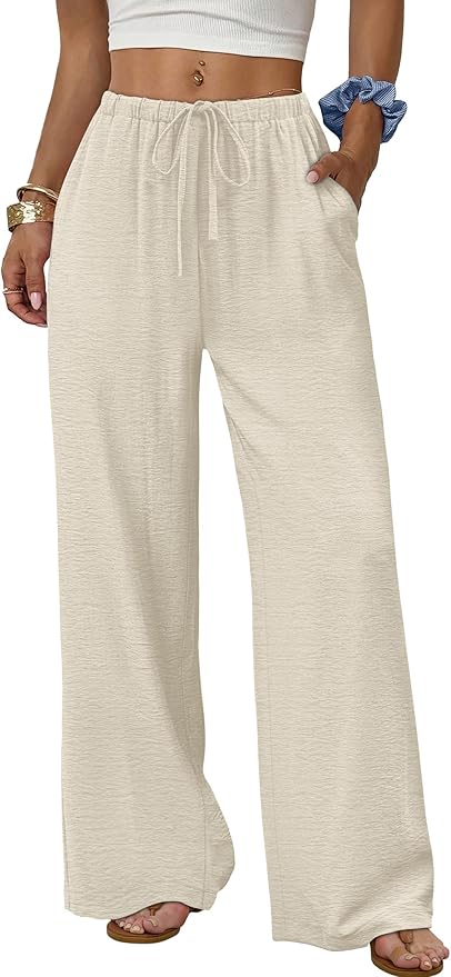 Women's Linen Pants Boho Wide Leg Summer Flowy Elastic Pants Lightweight Beach Vacation Outfits Pants with Pockets