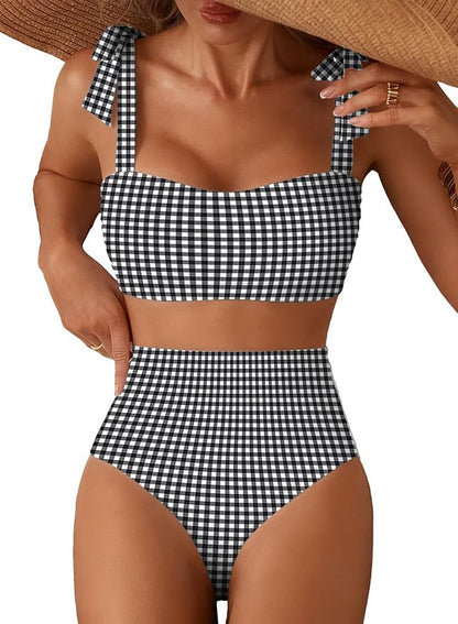 Women's Tie Shoulder Bikini Sets 2 Piece Striped Swimsuits High Waisted Bathing Suits