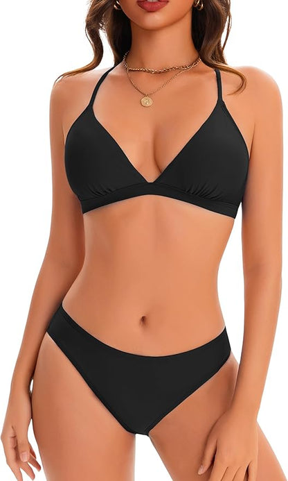 karrack Bikini Set for Women Two Piece Triangle Swimsuits V Neck Low Rise Crisscross Back Self Tie Spaghetti Straps
