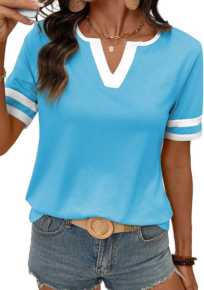 Women's Summer Tops Cotton V Neck Short Sleeve T-Shirts Colorblock Casual Tees 2026 Clothes