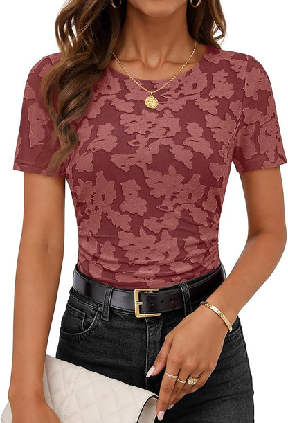 Women's Summer Short Sleeve Floral Mesh Blouse Top 2026 Dressy Casual Crewneck Ruched Fitted T Shirt Outfit