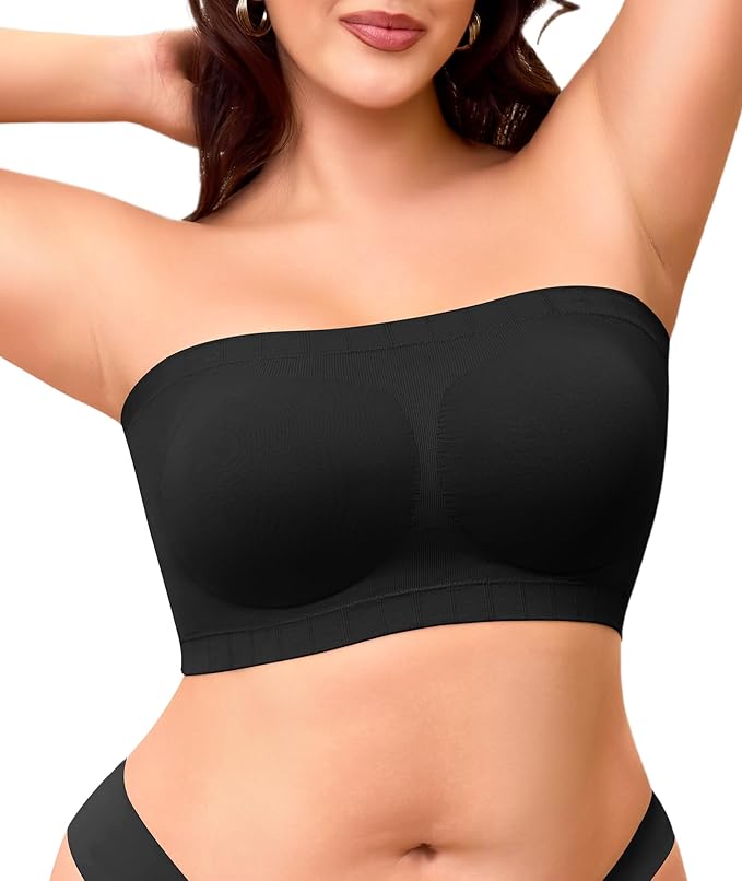 Strapless Bra for Women No Slip Silicone Grip Bandeau Bra with Fixed Pads Convertible Tube Top Bra with Fabric & Clear Straps