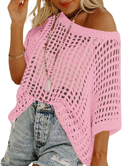 Short Sleeve Crochet Sweater Lightweight Summer Tops Loose Hollow Out Crewneck Pullover