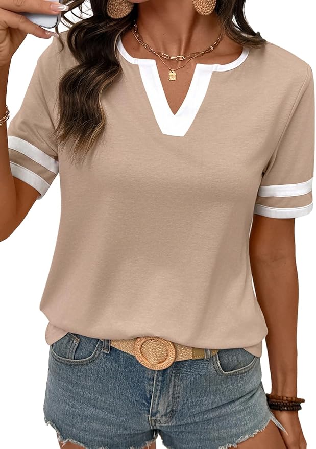 Women's Summer Tops Cotton V Neck Short Sleeve T-Shirts Colorblock Casual Tees 2026 Clothes