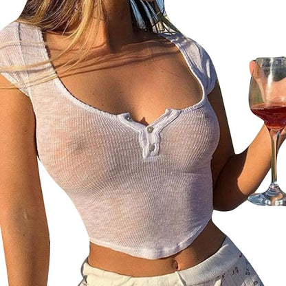 Women Sexy See Through Crop Top Sheer Low Cut Cap Short Sleeve  Baby Tee Slim Fit Button Front Summer T Shirt