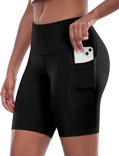 Womens Biker Yoga Shorts with Pocket, High Waisted Tummy Control 5 Inch Workout Spandex Athletic Gym Shorts