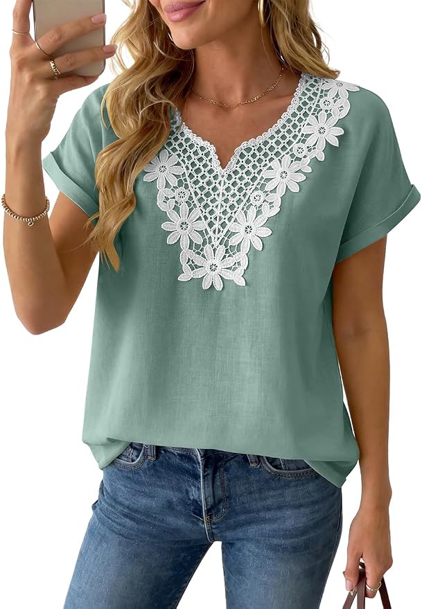 Womens Short Sleeve Tops Cotton Linen Shirts Loose Casual V Neck Lace Blouses Summer Vacation Clothes