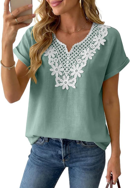 Womens Short Sleeve Tops Cotton Linen Shirts Loose Casual V Neck Lace Blouses Summer Vacation Clothes
