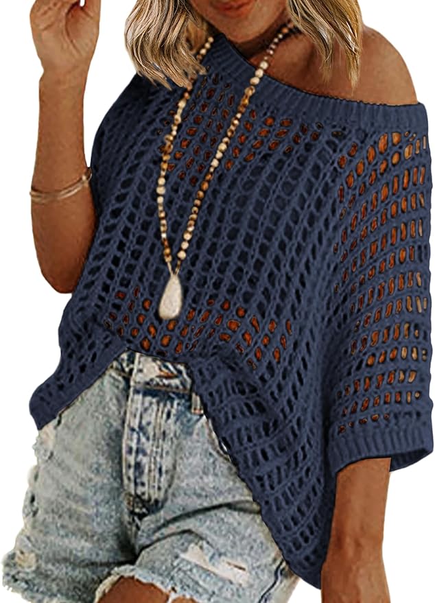 Short Sleeve Crochet Sweater Lightweight Summer Tops Loose Hollow Out Crewneck Pullover