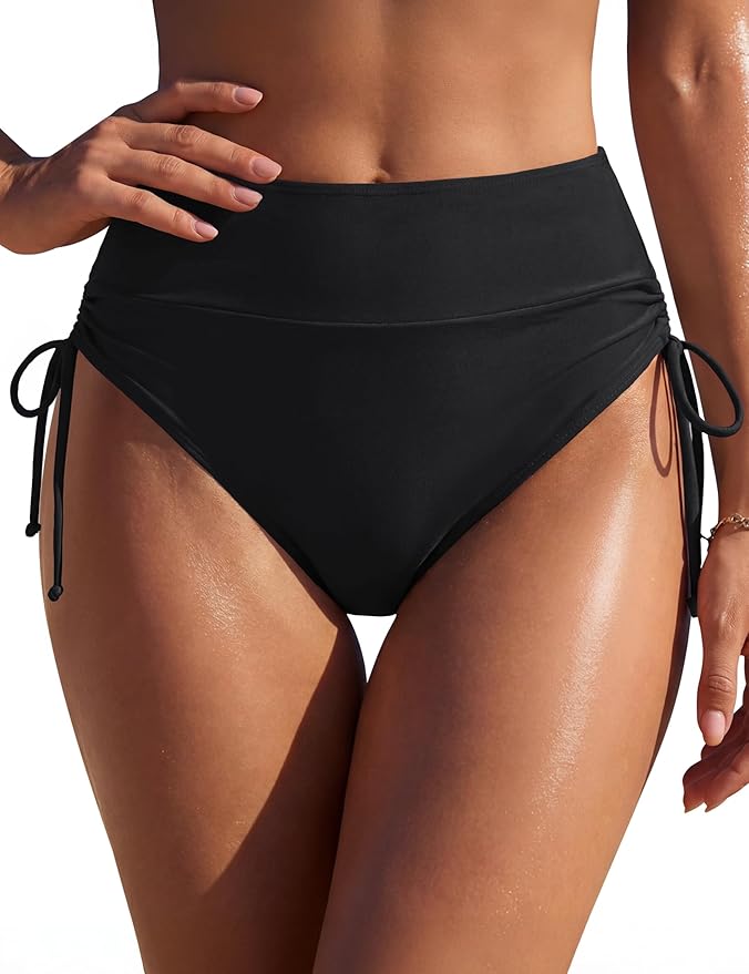 Women's High Waisted Bikini Bottoms Full Coverage Tummy Control Swim Bottom String Tie Side Tankini Brief