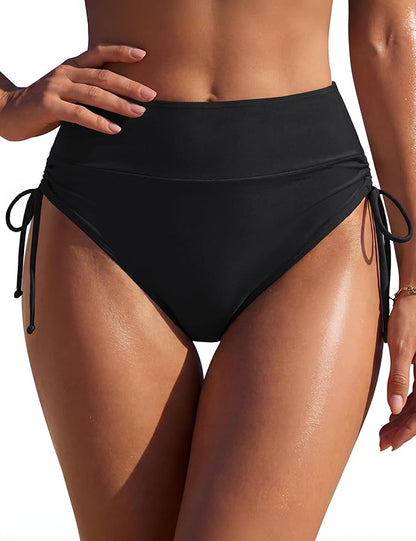 Women's High Waisted Bikini Bottoms Full Coverage Tummy Control Swim Bottom String Tie Side Tankini Brief