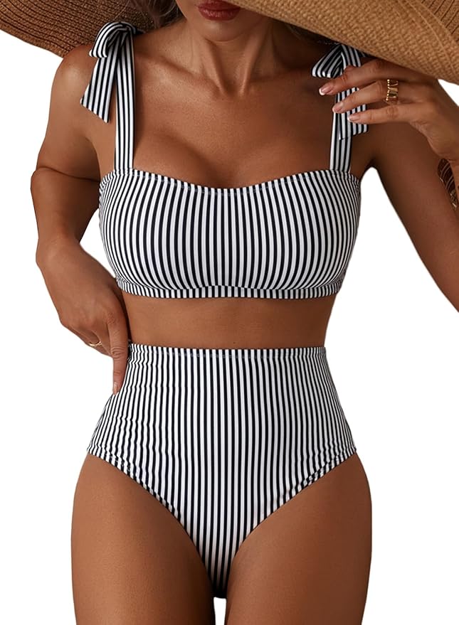 Women's Tie Shoulder Bikini Sets 2 Piece Striped Swimsuits High Waisted Bathing Suits