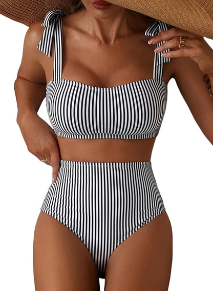 Women's Tie Shoulder Bikini Sets 2 Piece Striped Swimsuits High Waisted Bathing Suits