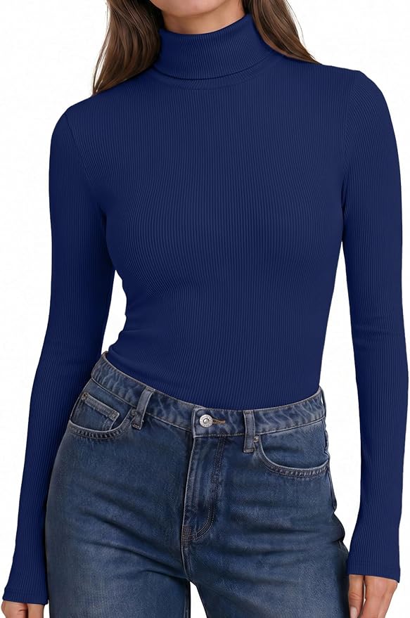 Women Turtleneck Long Sleeve Shirts Ribbed Casual Basic Tops Fitted Underwear Thermal Undershirts Winter Clothes