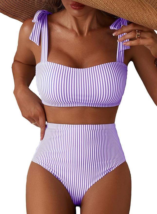 Women's Tie Shoulder Bikini Sets 2 Piece Striped Swimsuits High Waisted Bathing Suits