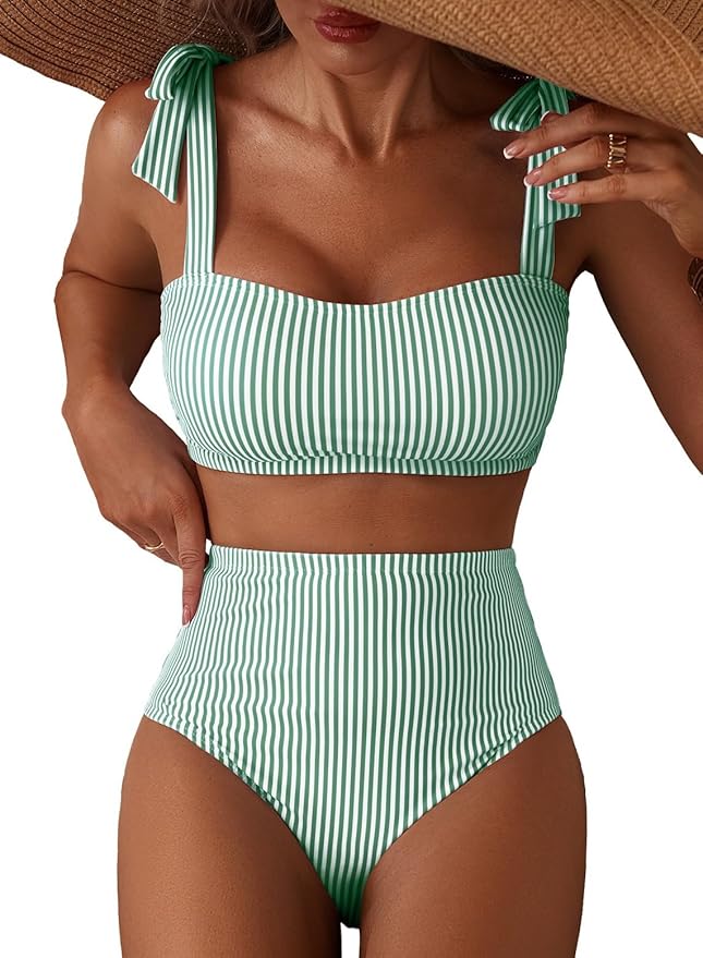 Women's Tie Shoulder Bikini Sets 2 Piece Striped Swimsuits High Waisted Bathing Suits