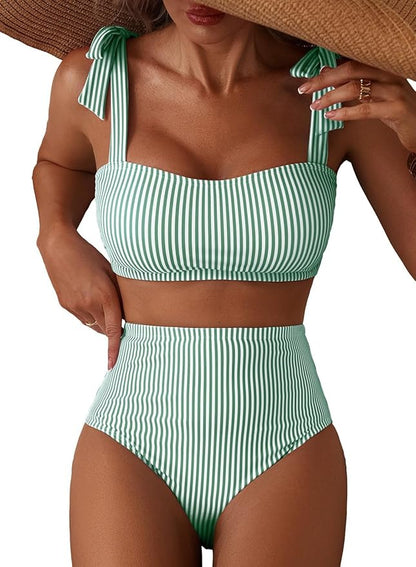 Women's Tie Shoulder Bikini Sets 2 Piece Striped Swimsuits High Waisted Bathing Suits