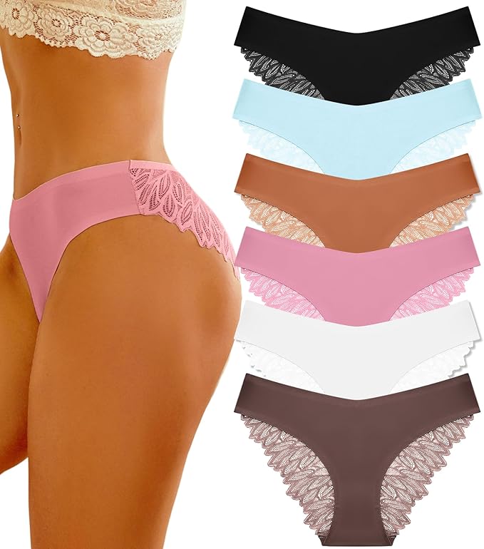 FINETOO 6 Pack Sexy Underwear for Women Silky Seamless No Show Panties Ladies Lace Bikini Lightweight Cheeky Hipster