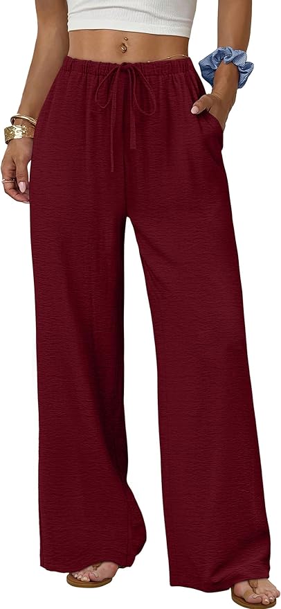 Women's Linen Pants Boho Wide Leg Summer Flowy Elastic Pants Lightweight Beach Vacation Outfits Pants with Pockets
