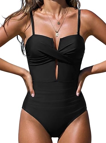 popvil Women’s One Piece Swimsuit Tummy Control V Neck Cutout Bathing Suit Slimming Shapewear Monokini