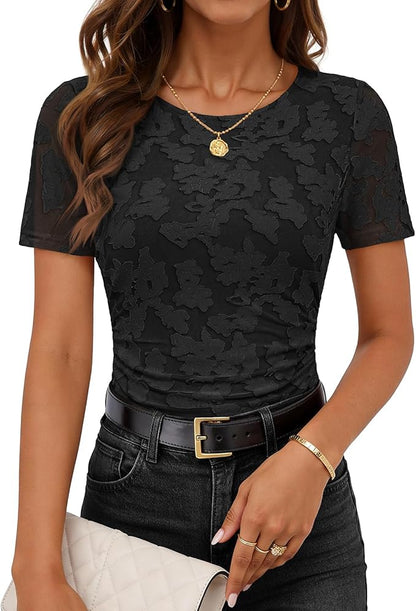 Women's Summer Short Sleeve Floral Mesh Blouse Top 2026 Dressy Casual Crewneck Ruched Fitted T Shirt Outfit