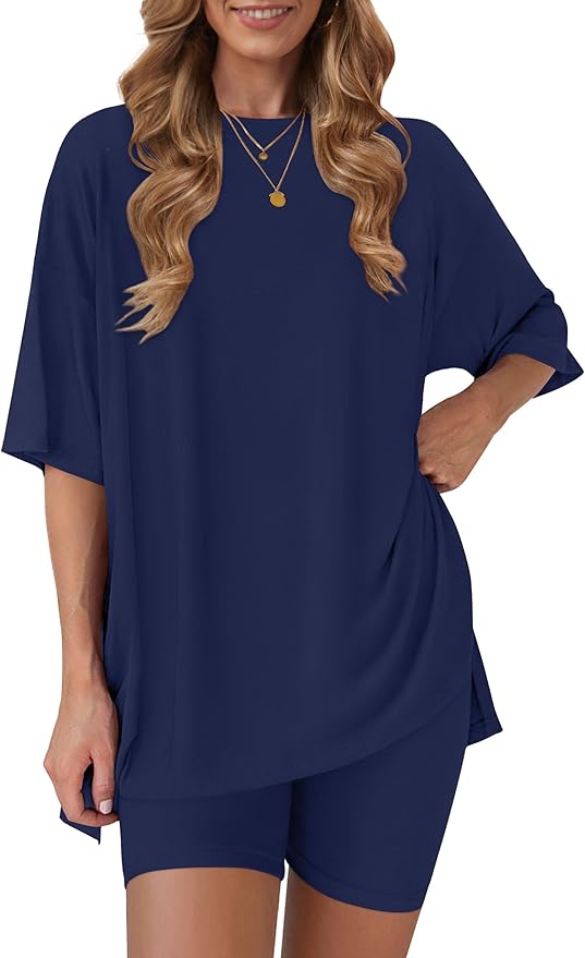Women's 2 Piece Lounge Sets 2026 Casual Summer Airport Travel Outfits Oversized Shirts Biker Shorts Matching Clothing