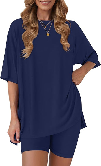 Women's 2 Piece Lounge Sets 2026 Casual Summer Airport Travel Outfits Oversized Shirts Biker Shorts Matching Clothing