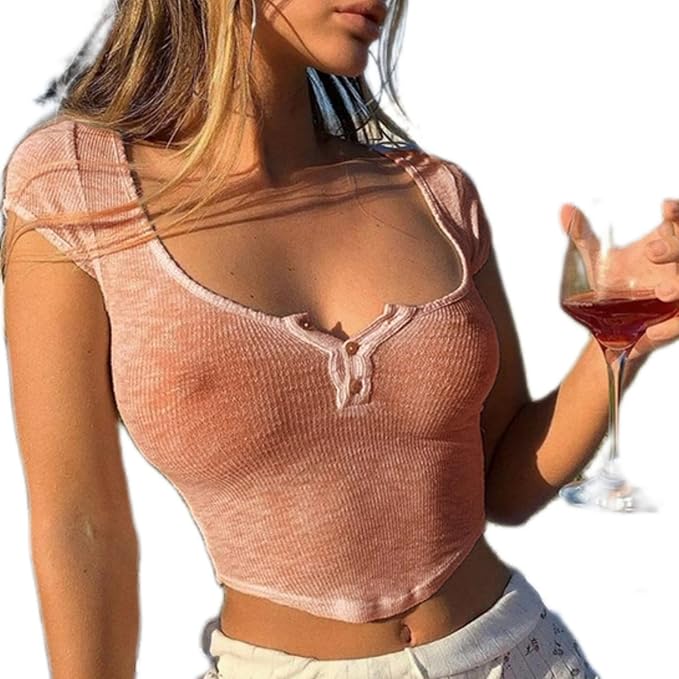 Women Sexy See Through Crop Top Sheer Low Cut Cap Short Sleeve  Baby Tee Slim Fit Button Front Summer T Shirt