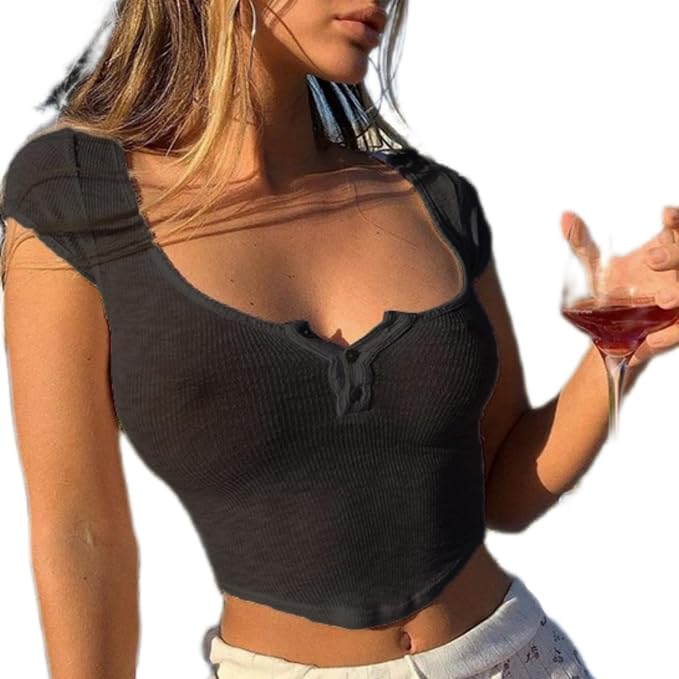 Women Sexy See Through Crop Top Sheer Low Cut Cap Short Sleeve  Baby Tee Slim Fit Button Front Summer T Shirt