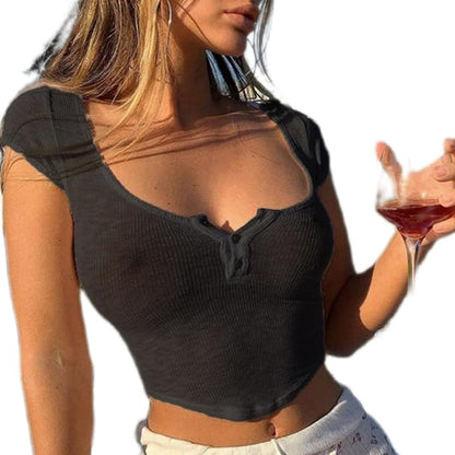 Women Sexy See Through Crop Top Sheer Low Cut Cap Short Sleeve  Baby Tee Slim Fit Button Front Summer T Shirt