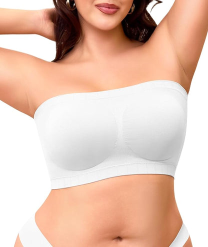 Strapless Bra for Women No Slip Silicone Grip Bandeau Bra with Fixed Pads Convertible Tube Top Bra with Fabric & Clear Straps