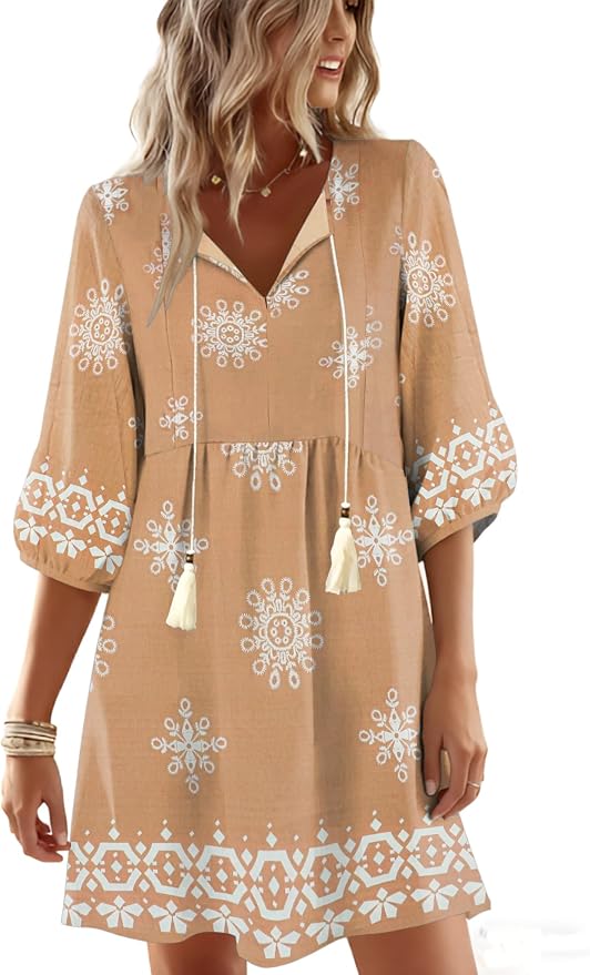 Boho Summer Dresses V Neck 3/4 Sleeve Floral Printed Loose Plus Size Flowy Beach Vacation Dress