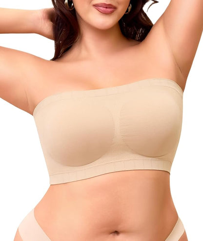 Strapless Bra for Women No Slip Silicone Grip Bandeau Bra with Fixed Pads Convertible Tube Top Bra with Fabric & Clear Straps