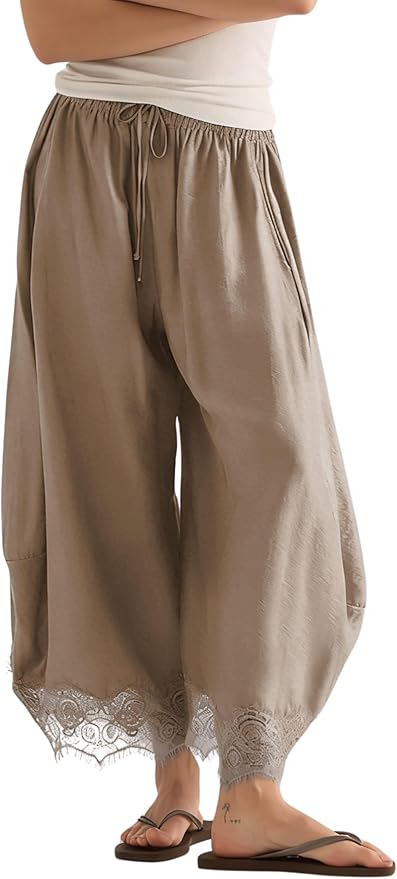 Women's Cropped Lace-Hem Pants High Waisted Drawstring Wide Leg Pants Casual Lightweight Trousers with Pockets