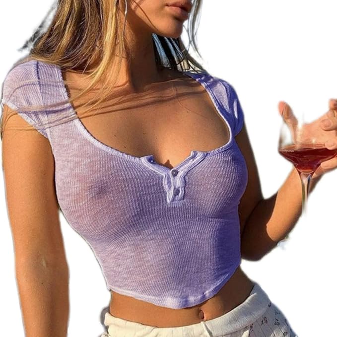 Women Sexy See Through Crop Top Sheer Low Cut Cap Short Sleeve  Baby Tee Slim Fit Button Front Summer T Shirt
