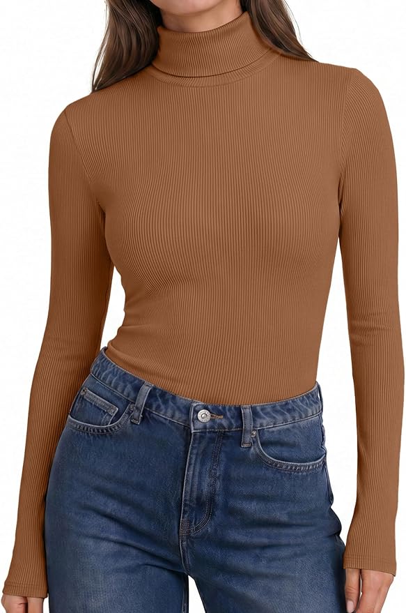 Women Turtleneck Long Sleeve Shirts Ribbed Casual Basic Tops Fitted Underwear Thermal Undershirts Winter Clothes