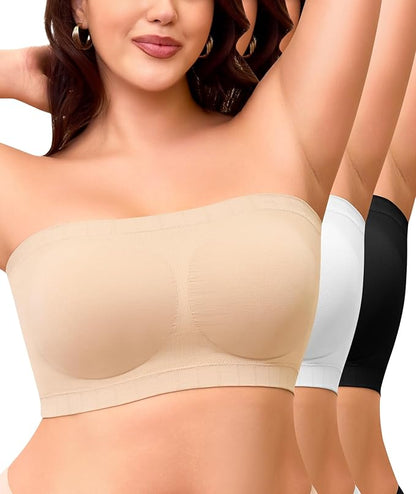 Strapless Bra for Women No Slip Silicone Grip Bandeau Bra with Fixed Pads Convertible Tube Top Bra with Fabric & Clear Straps