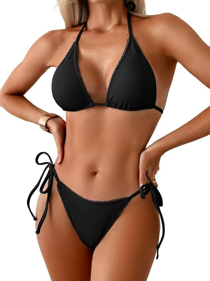 Women's Triangle Bikini Set Sexy String Halter Swimsuit Cute Ruffle Trim Two Piece Bathing Suit