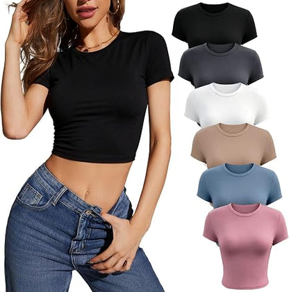 Women's 6 Pack Short Sleeve T Shirt, Basic Slim Solid Knit Tops