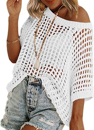 Short Sleeve Crochet Sweater Lightweight Summer Tops Loose Hollow Out Crewneck Pullover