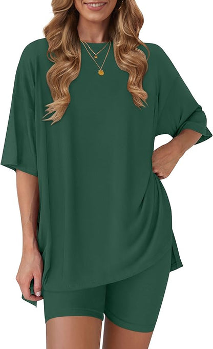 Women's 2 Piece Lounge Sets 2026 Casual Summer Airport Travel Outfits Oversized Shirts Biker Shorts Matching Clothing