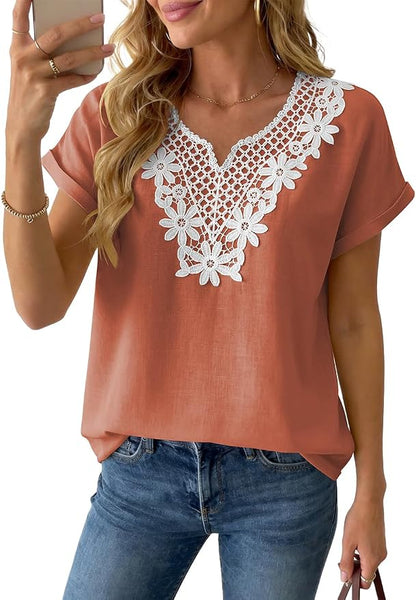 Womens Short Sleeve Tops Cotton Linen Shirts Loose Casual V Neck Lace Blouses Summer Vacation Clothes