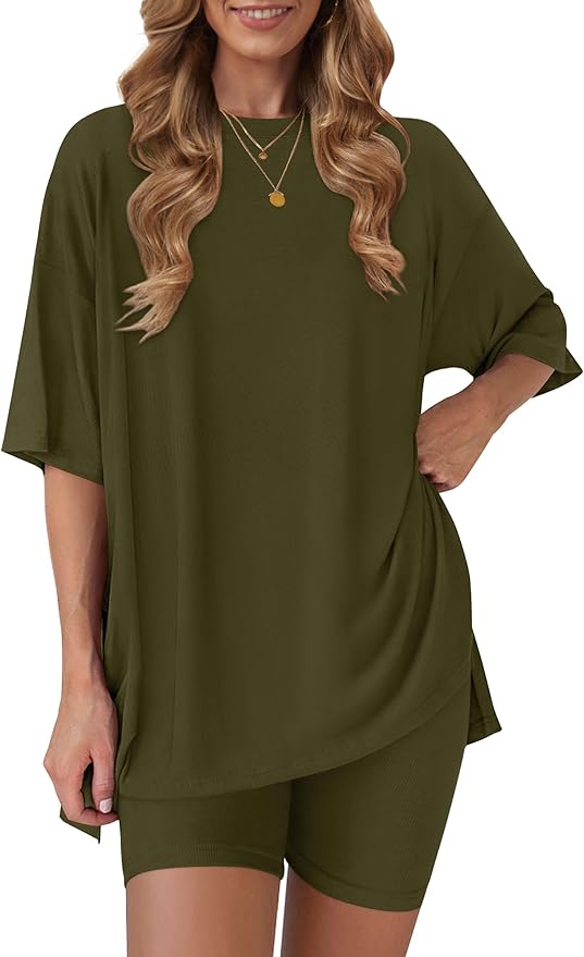 Women's 2 Piece Lounge Sets 2026 Casual Summer Airport Travel Outfits Oversized Shirts Biker Shorts Matching Clothing